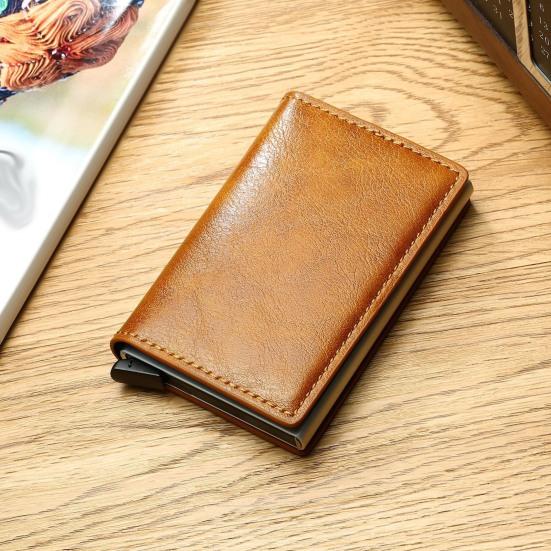 Pánská peněženka z umělé kůže s RFID blokováním, trojdílná, se štíhlým výsuvným držákem na karty, kovové hliníkové pouzdro na karty