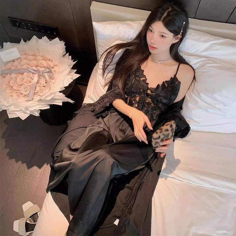 French sexy pajamas women's spring and autumn ice silk long suspender pajamas, two summer pure desire long skirts and robes with chest pads