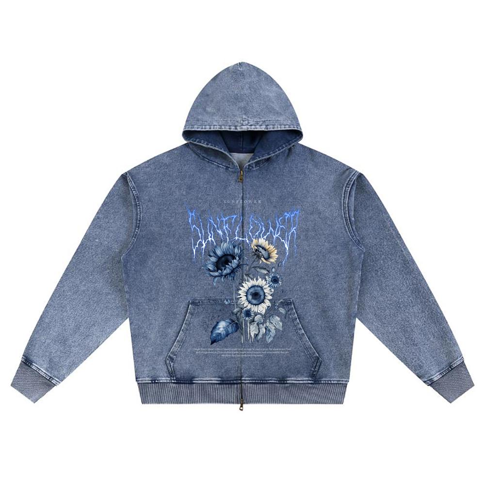 DTG print Knitted Denim Zip-Up Hoodie Sunflower Black Metal Hardcore Brother Print Zipper Hoodies
