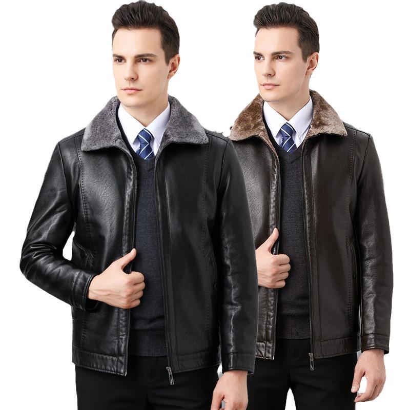 Men's Winter Fleece Lined Genuine Sheepskin Leather Jacket with Fur Trim