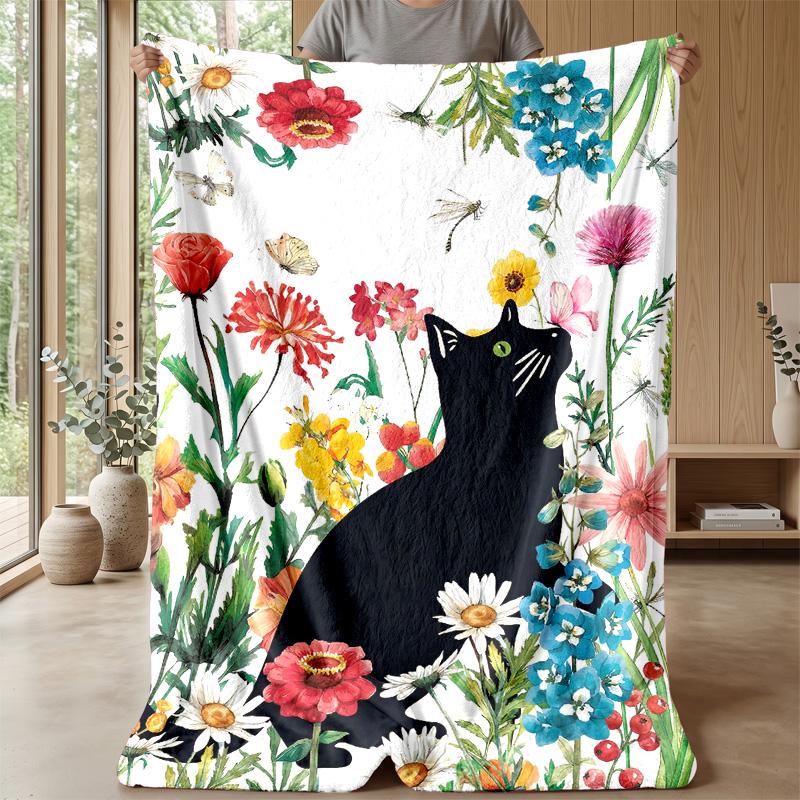 Black Cat in Basket blanket Personalized Name Flannel Blanket Soft Cozy Plush Throw for Sofa Bed Lightweight Home Decor