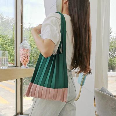 Geantă de cumpărături Design cu pliuri Pliabil Culoare contrastantă Tricot lână Geantă de umăr de mână Geantă organizator Femei Patchwork