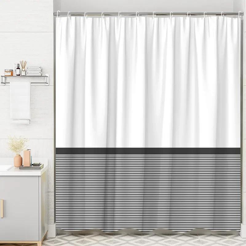 Moderní geometrická sprchová závěs s pruhovanými křivkami Černobílé čtverce Minimalistická neutrální dekorace do koupelny