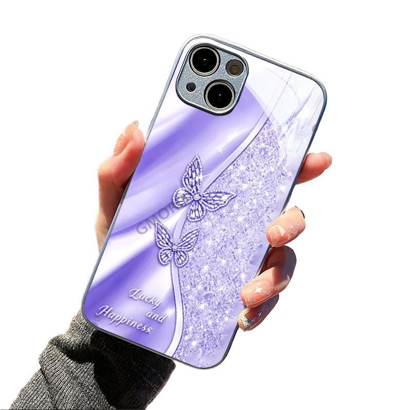Light luxury flash diamond butterfly mobile phone case Apple 14promax metallic paint glass case iPhone17pm protective case