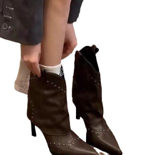 Fashion Vintage Rivet Women Western Cowgirl Boots Fashion Slip On Shoes Autumn Winter High Heel Women's Knight Short Booties 2025