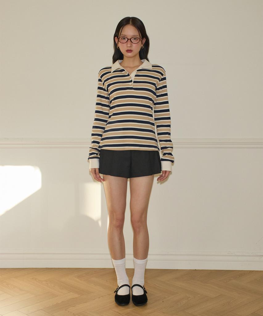 SALON DE YOHN Striped Button Rugby Collar Shirt_ Beige