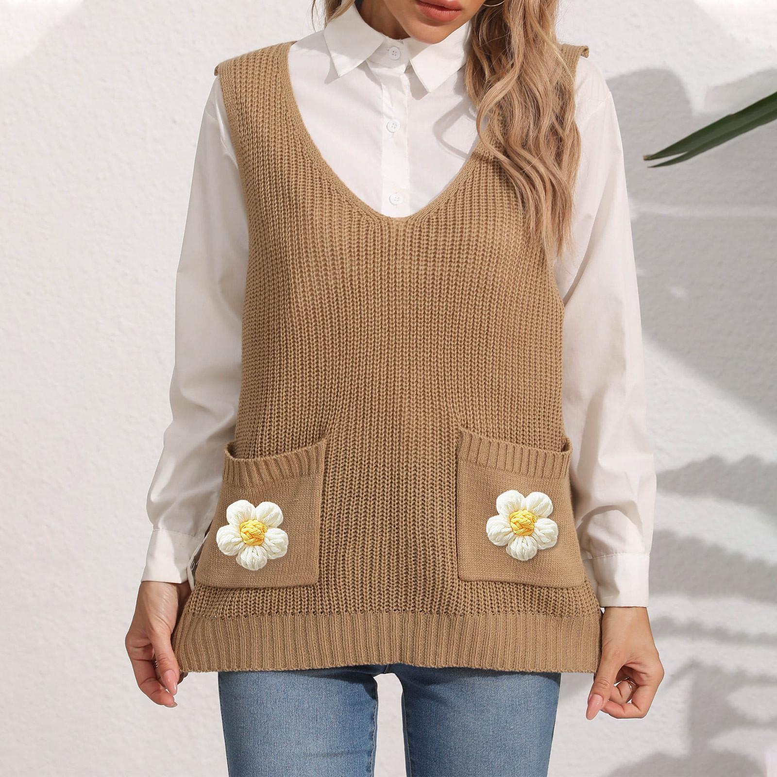 

Женский вязаный крючком жилет с двойным карманом и V-образным вырезом One Size хаки