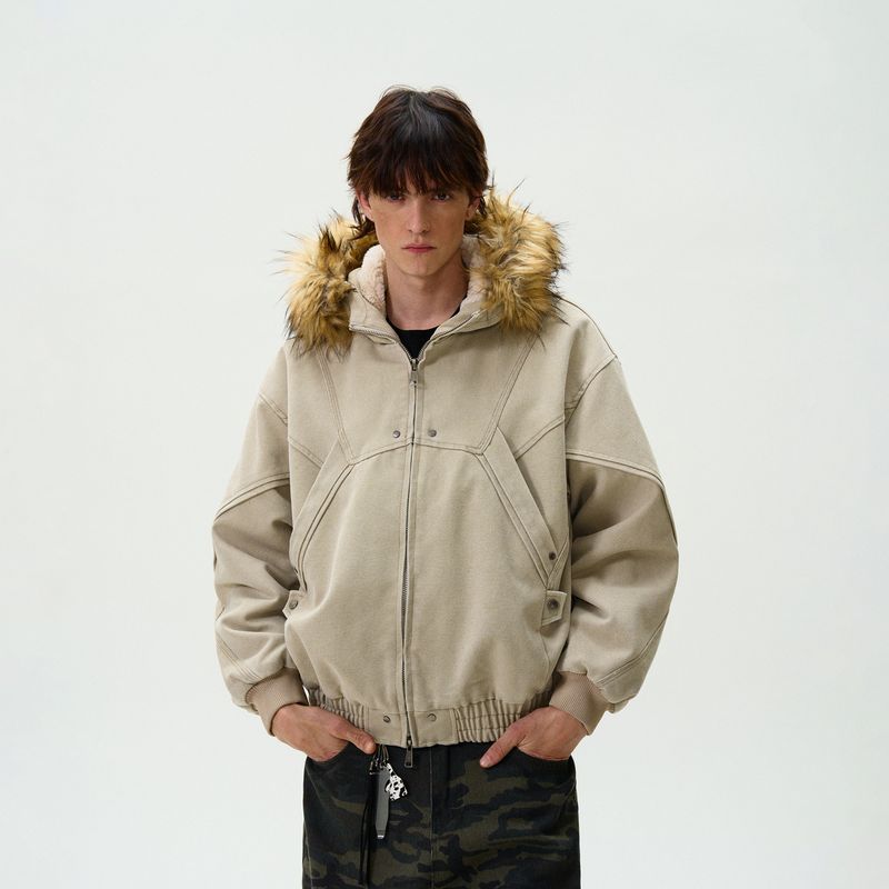 

Madwitch Deconstructed Design Fleece-Lined Cotton Jacket with a Mountain Carving, Loose Casual Winter Couple s Fur Collar Hooded Coat Apricot L