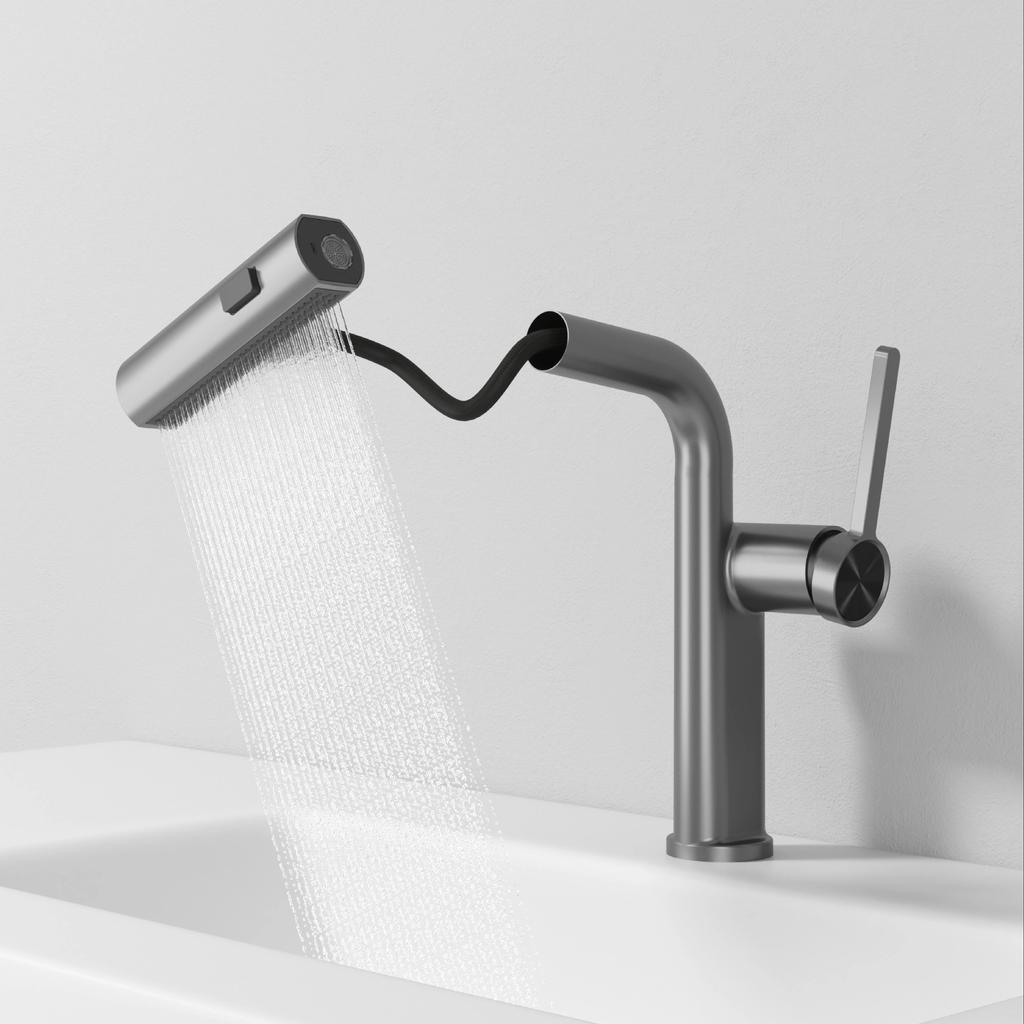 Brass Waterfall Bathroom Basin Faucet Gray/Brushed Gold Pull-out Washbasin Hot And Cold Mixed Basin Tap