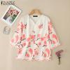 ZANZEA Women Casual V-Neck 3/4 Sleeve Loose Floral Print Blouse