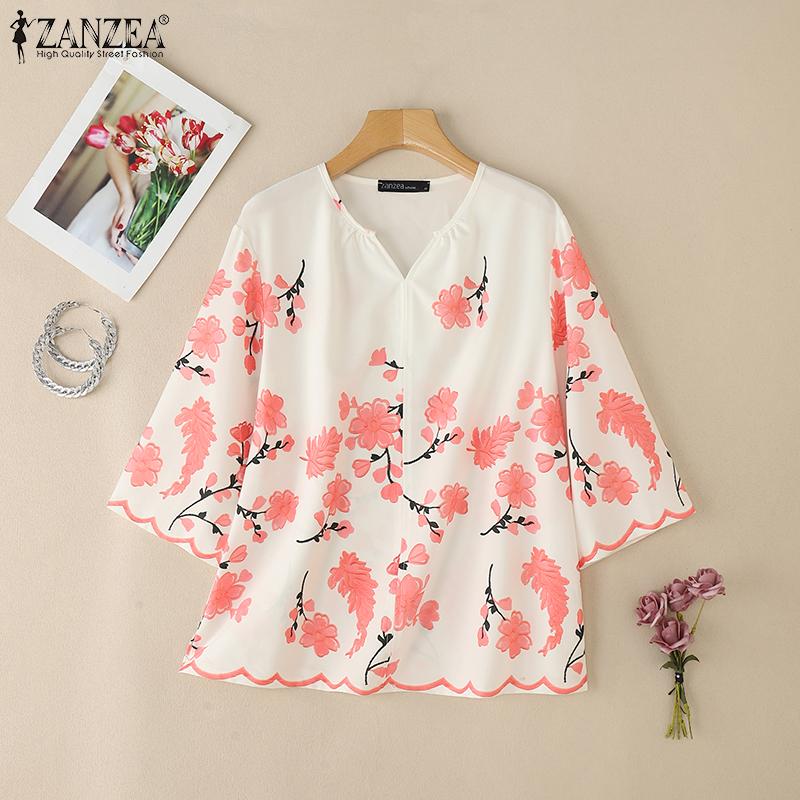 ZANZEA Women Casual V-Neck 3/4 Sleeve Loose Floral Print Blouse