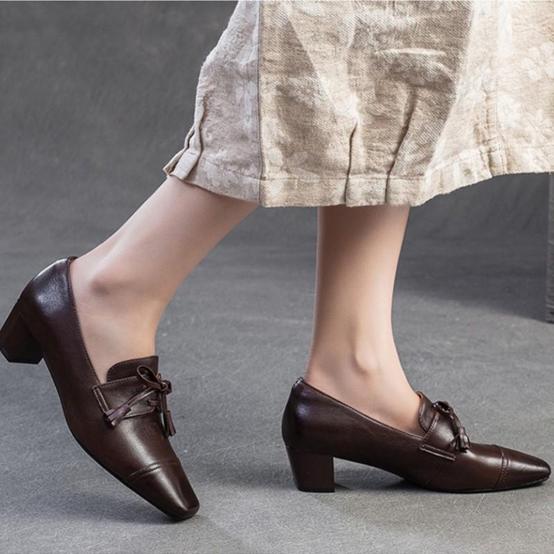 Johnature Retro Genuine Leather Pumps Square Toe Thick Heel Versatile Commuting Women's Shoes
