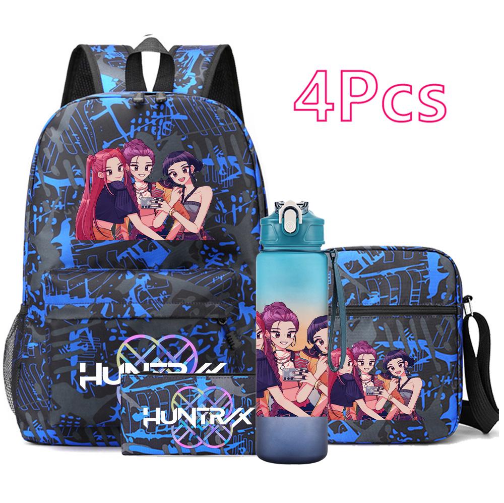 4Pcs/set Cartoon K-pop Printed Backpack Large Capacity Bookbag Shoulder Bag Case Bag with 750ml Water Bottler Boy Girl School Bag Kid Gift