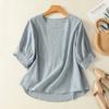 Women Round Neck Puff Three Quarter Sleeve Solid Textured Cotton Blouse Multi Colors