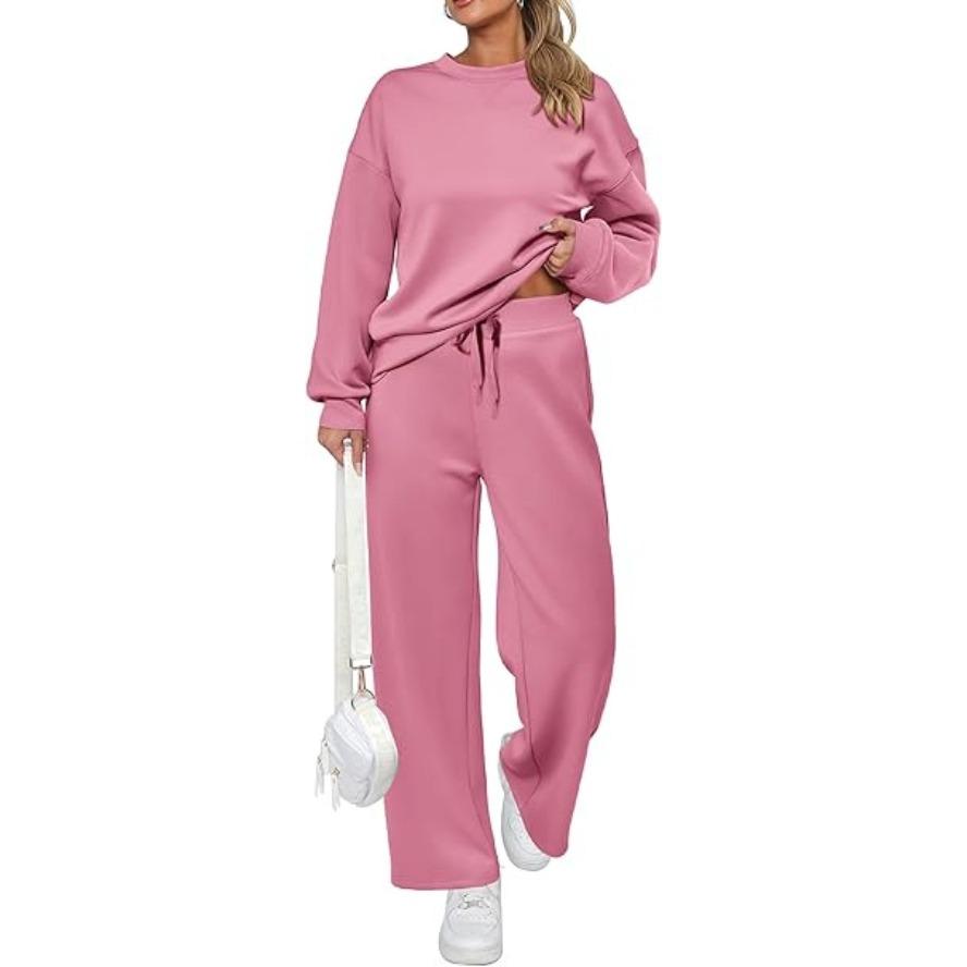 VEZFAA Damenmode Casual Frühling Herbst Einfarbig Druck Langarm O-Ausschnitt Hosen Hosen Anzüge