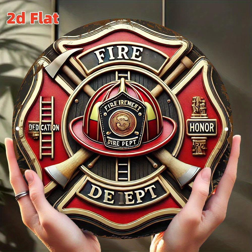 D Flat Fire Department Honor Badge Round Aluminum Metal Wall Art with Vibrant Firefighter Axes Helmet Design