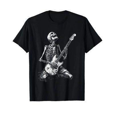 Skeleton Heavy Death Metal Rock Punk Music Gothic Guitarist T Shirt Black Vintage Washed Versatile Unisex Casual