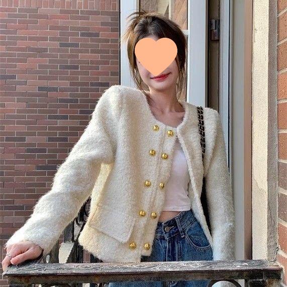 2025 Women's Chic Tweed Double-Breasted Long-Sleeve Coat for Petite (Autumn/Winter Collection)