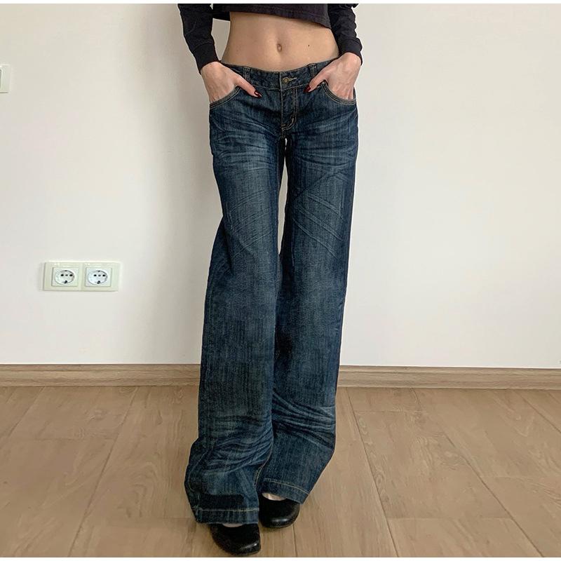 Patchwork Pockets Jeans Korean Fashion Low Rise Casual Straight Denim Pants Distressed Y2k Trousers for Women Basic Solid Color Jean