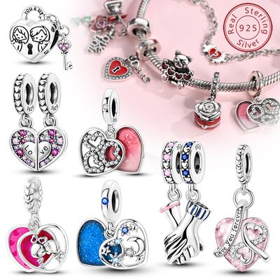Original 925 Silver Charm Bead Heart Lovers Valentine's Day Charm Fit Charm Bracelet Pendant Women Jewelry Gift
