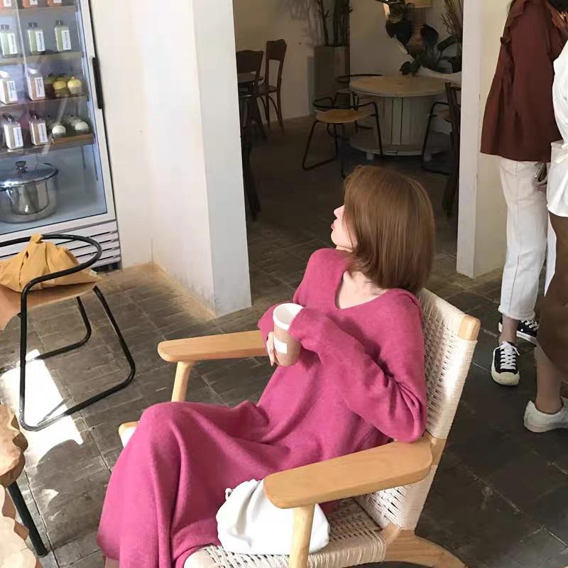 

Hooded knitted dress women s autumn and winter inner wear loose lazy style temperament medium and long knee sweater backing skirt S розы красного