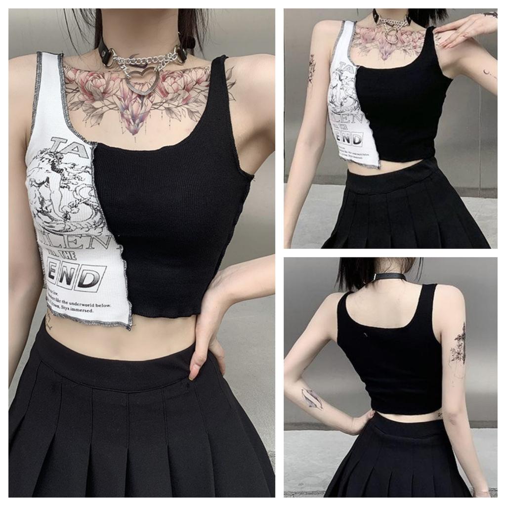 Punk Style Patchwork Tank Tops Aesthetic Letter And Graphic Print Women Crop Top Color Blocking Sleeveless Streetwea