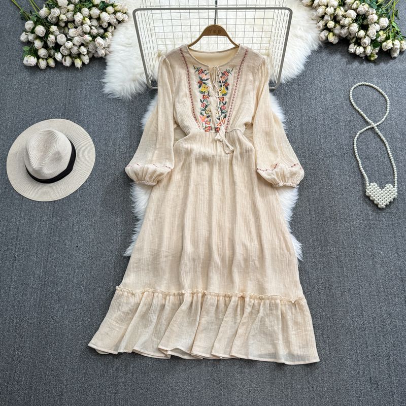 

Artsy Retro Lantern Long Sleeve Dress First Date Embroider Apricot All yards