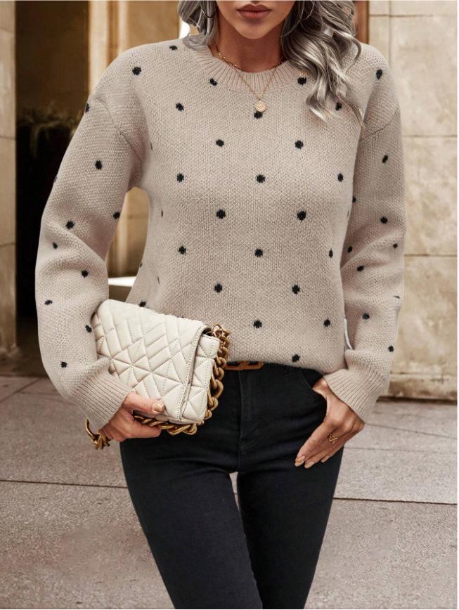 Women's European & American Fashion Polka Dot Jacquard Knit Sweater - Round Neck, Long Sleeve Pullover.