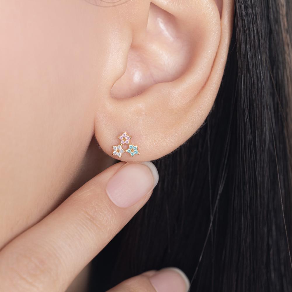 14K Gold Star Flower Mini Flower Cubic Piercing Earlobe Barbell Ear Cone Earrings