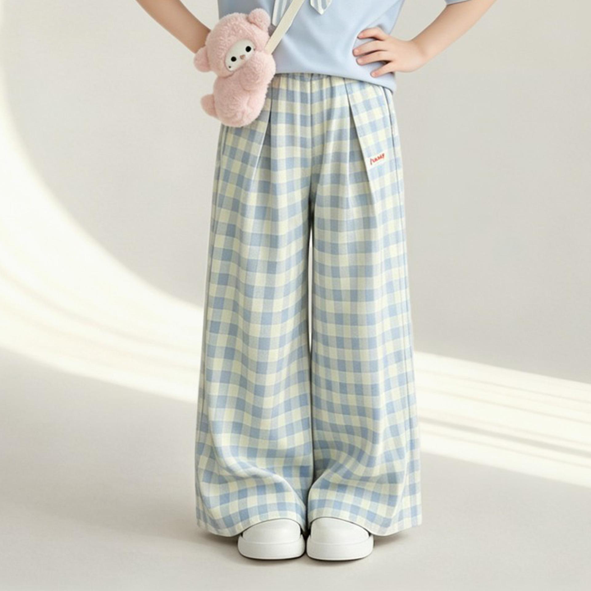 Girls Sweet Ruffled Collar Plaid Pants Set with Bow Summer Outfit 120