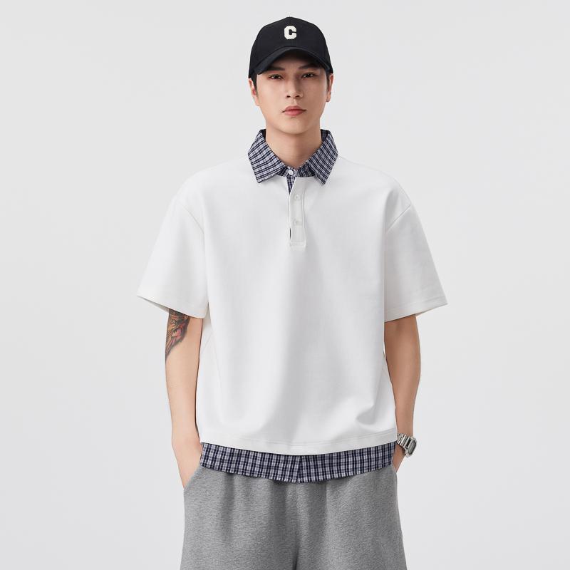 Fake Two-piece Polo Collar Short-sleeved T-shirt Men's Loose Versatile Plaid Shirt Collar T-shirt