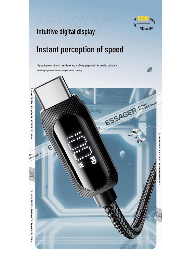 Nabíjecí kabel ESSAGER Type-C7A s digitálním displejem pro telefony Huawei, Honor, OPPO a další