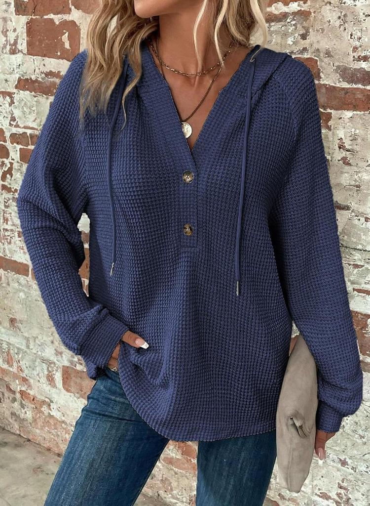 Women's Waffle Knit Hoodie V Neck Button Drawstring Hoodies Casual Long Sleeve Pullover Sweatshirt