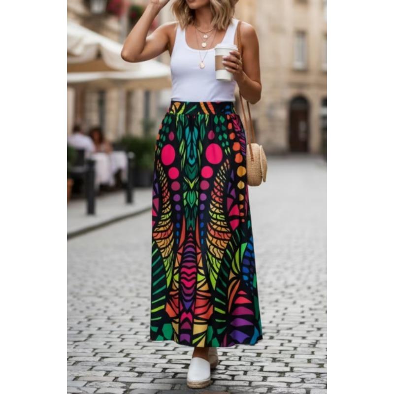 Gonna Lunga da Donna con Stampa Floreale Ditsy Rossa e Bianca, Stagione Unica, Vita Elastica Boho, Mezza Gonna Svasata