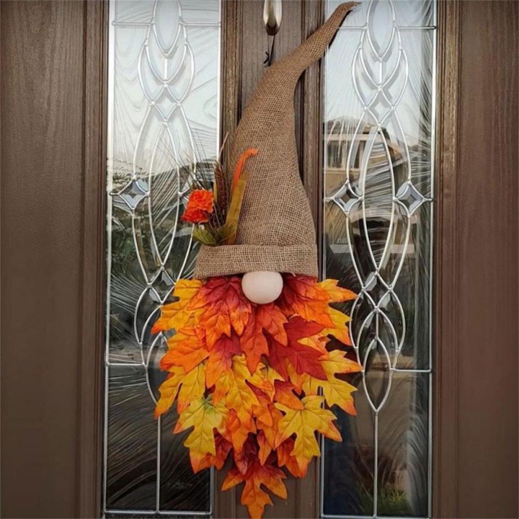 Fall Wreaths For Front Door Gnome Leaf Wreath Thanksgiving Decoration Outside Festival Seasonal Indoor Outdoor Party Wall Hanging Decorations
