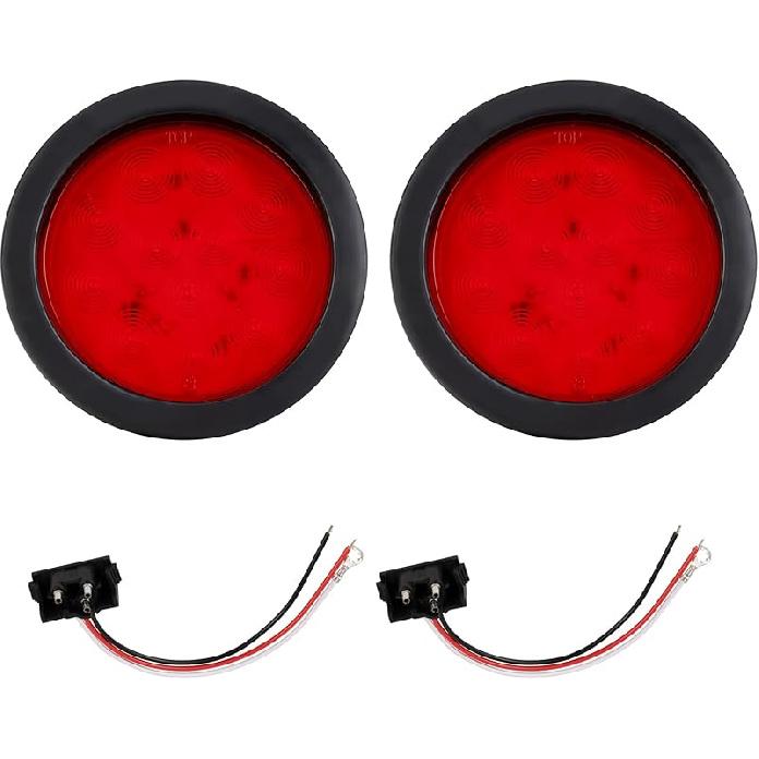 2PCS 4" Round Red LED Trailer Tail Lights - 12 Diodes 3-In-1 Stop/Brake/Turn Lights W/Surface Mount Grommets & 3-Prong Pigtails For Truck Trailer RV