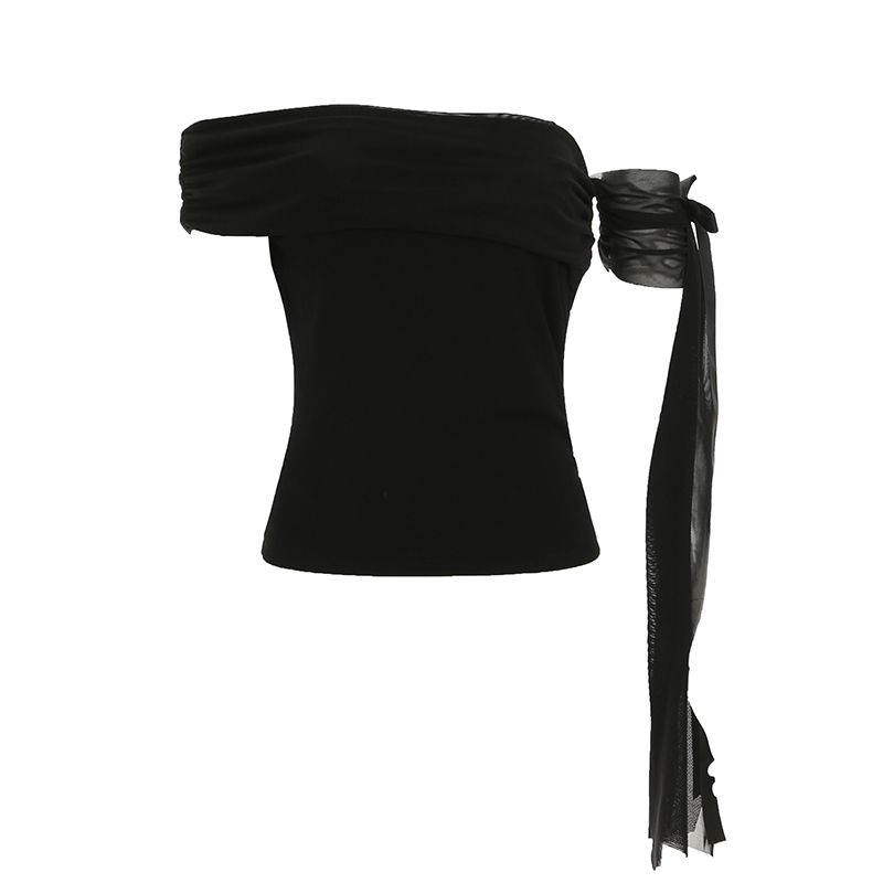 H Home European and American Women's Clothing Cool Fancy Oblique Shoulder Ribbon Design Tops Asymmetrical Ruched Pure Color Dancing T-shirt