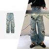 Jeans strappati casual da uomo Jeans dritti larghi rivestiti da uomo Autunno Monocolore High Street Blu Pantaloni Jeans