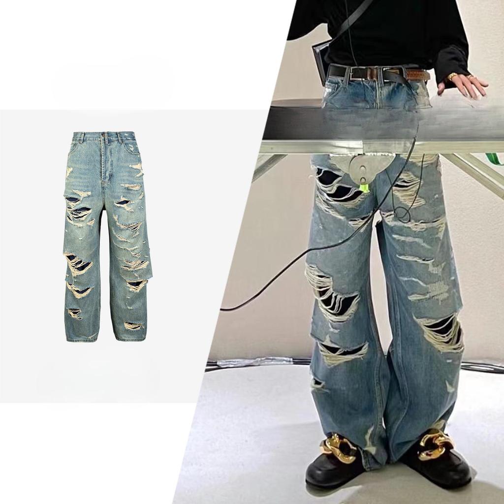 Jeans strappati casual da uomo Jeans dritti larghi rivestiti da uomo Autunno Monocolore High Street Blu Pantaloni Jeans