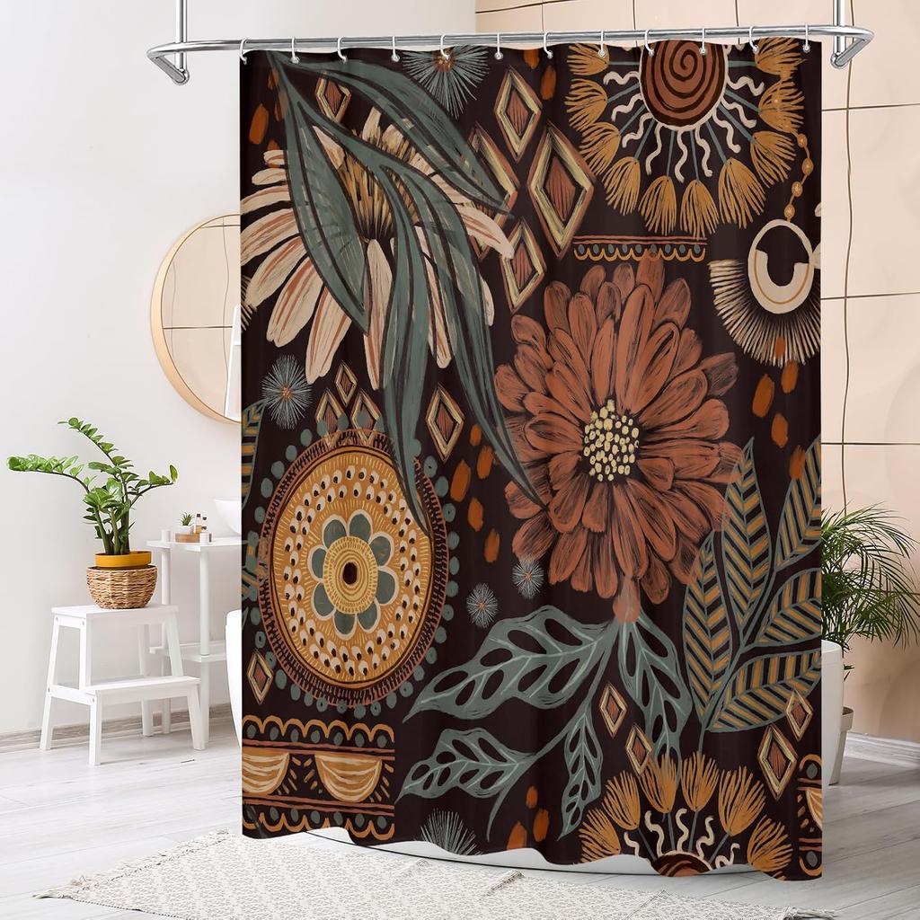 Mitovilla Boho Floral Shower Curtain, Modern Flower Shower Curtains For Rustic Vintage Bathroom Decor, Chic Elegant Fabric Cloth