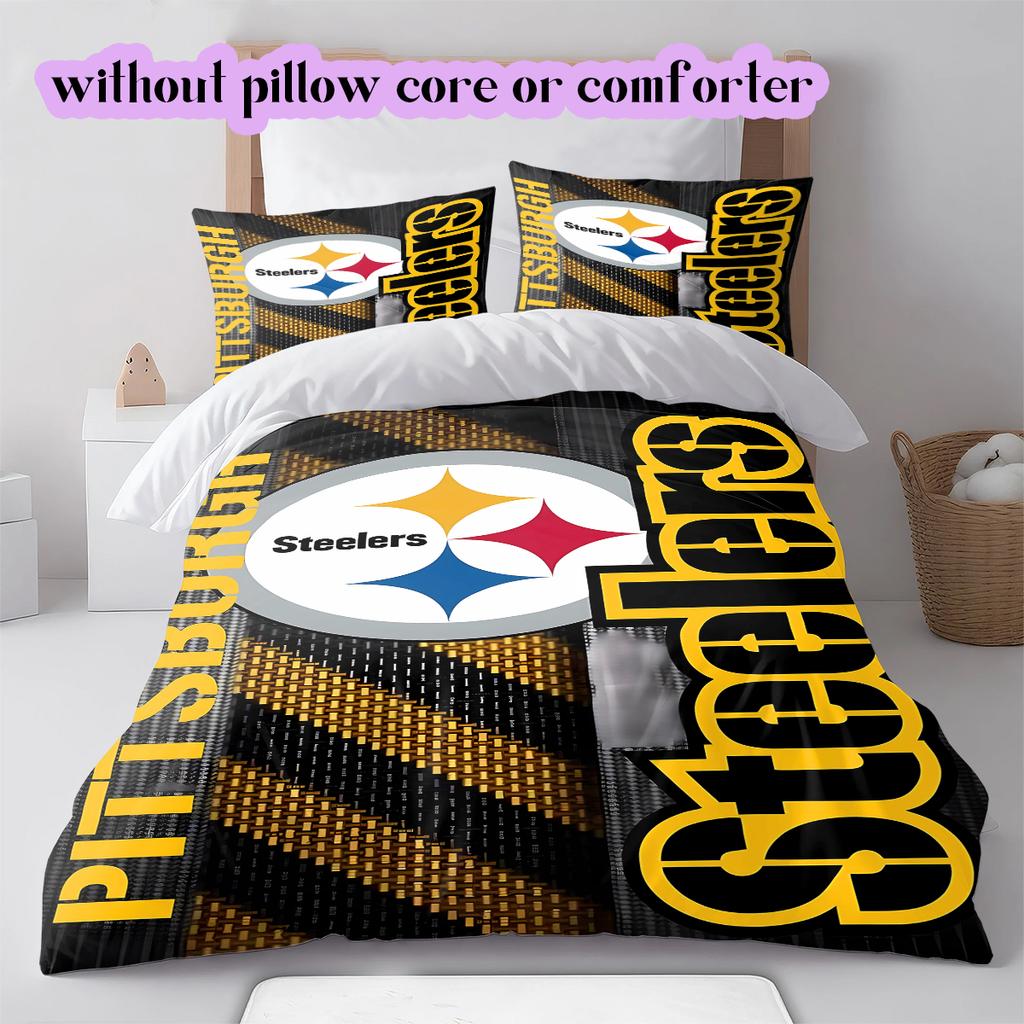 Pittsburgh Steelers Vzorovaná Sada Povlečení Prošívaná Přikrývka Povlak na Polštář Domácí Dekorace Narozeninový Dárek (1 * povlak na peřinu + 2 * povlak na polštář, bez jádra)