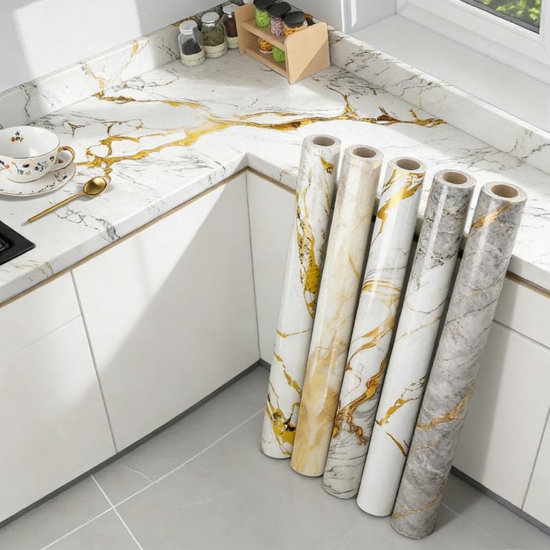 Self-Adhesive Gold Foil Marble Wallpaper Peel & Stick, Waterproof Oil-Proof Kitchen Backsplash Countertop Sticker, 5-Layer PET Wall Decal for Furnitur