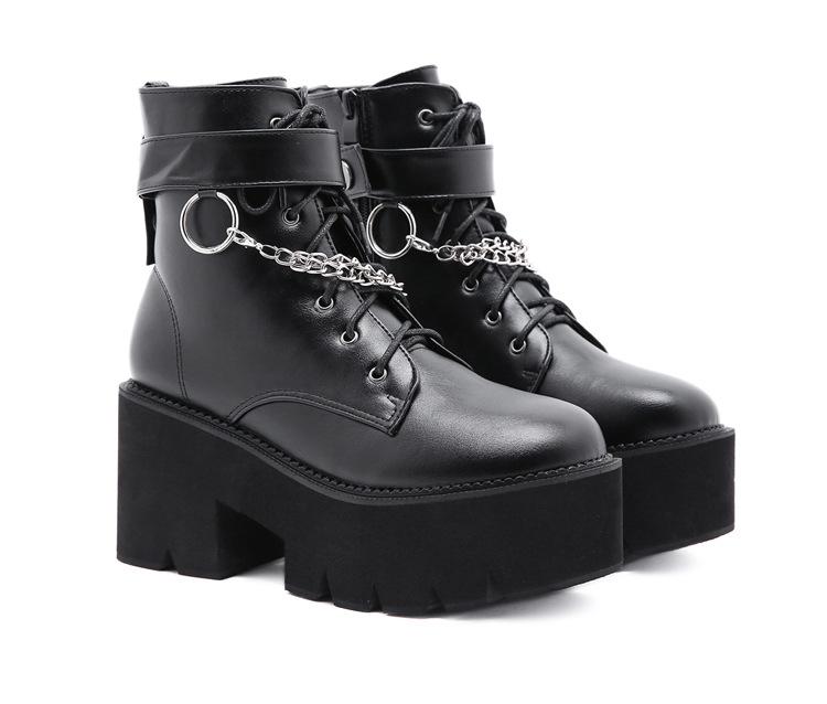 8cm Gothic Black Ankle Boots For Women Plus High Heel Female Shoes Lace-Up Nigh Club Black Sexy Rivets Chain Short Boots