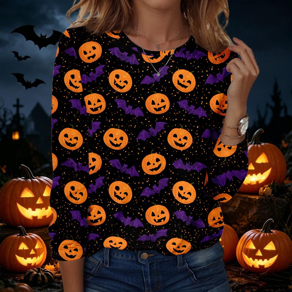 Women's Fashion Casual Long Sleeve Halloween Print Pullover Sweatshirt Crew Neck Top Comfortable Fit Seasonal Style