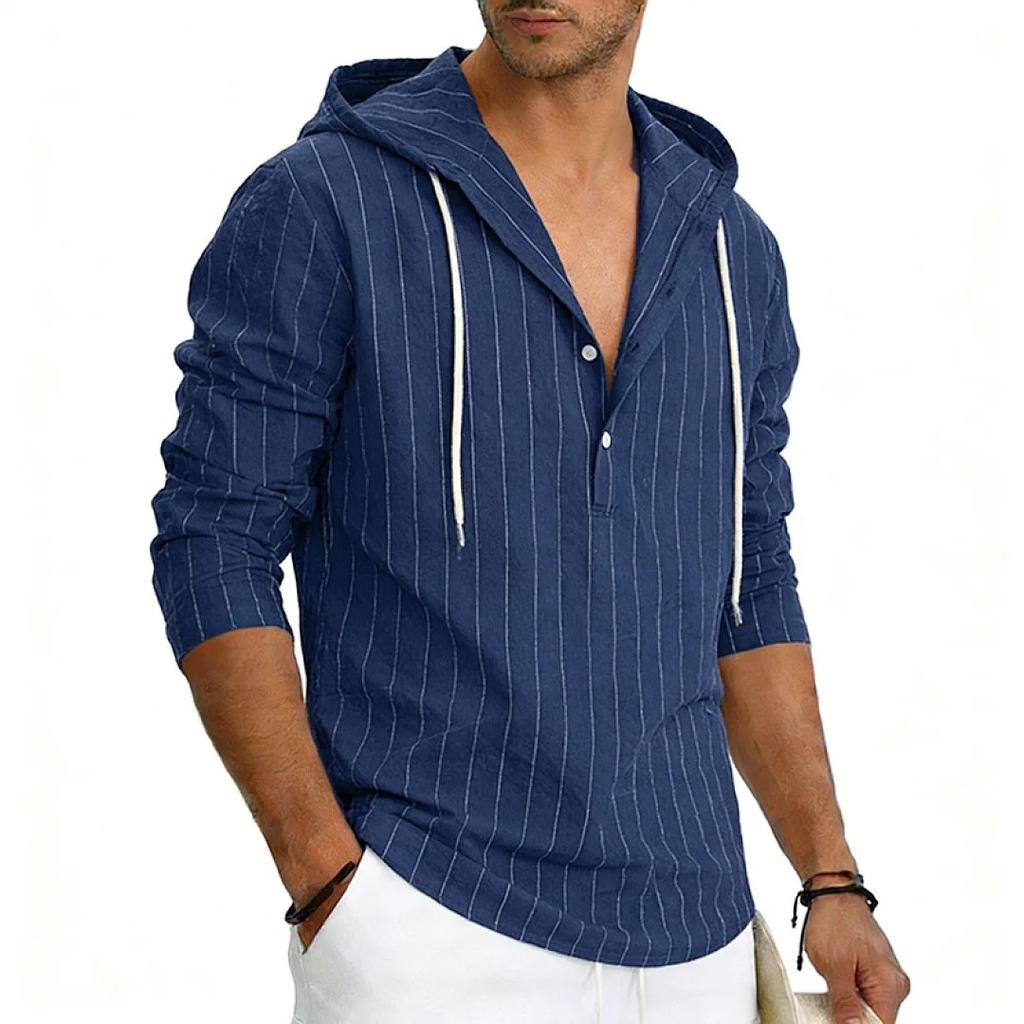 Men's Striped Hooded Casual Shirt Long Sleeve Linen Cotton Casual Tops Drawstring Beach Hoodie Blouse