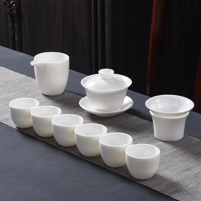 Suet Jade White Porcelain Tea Set Custom Set Kung Fu Tea Cup Household Living Room Dehua Tea Ceramic Cover Bowl