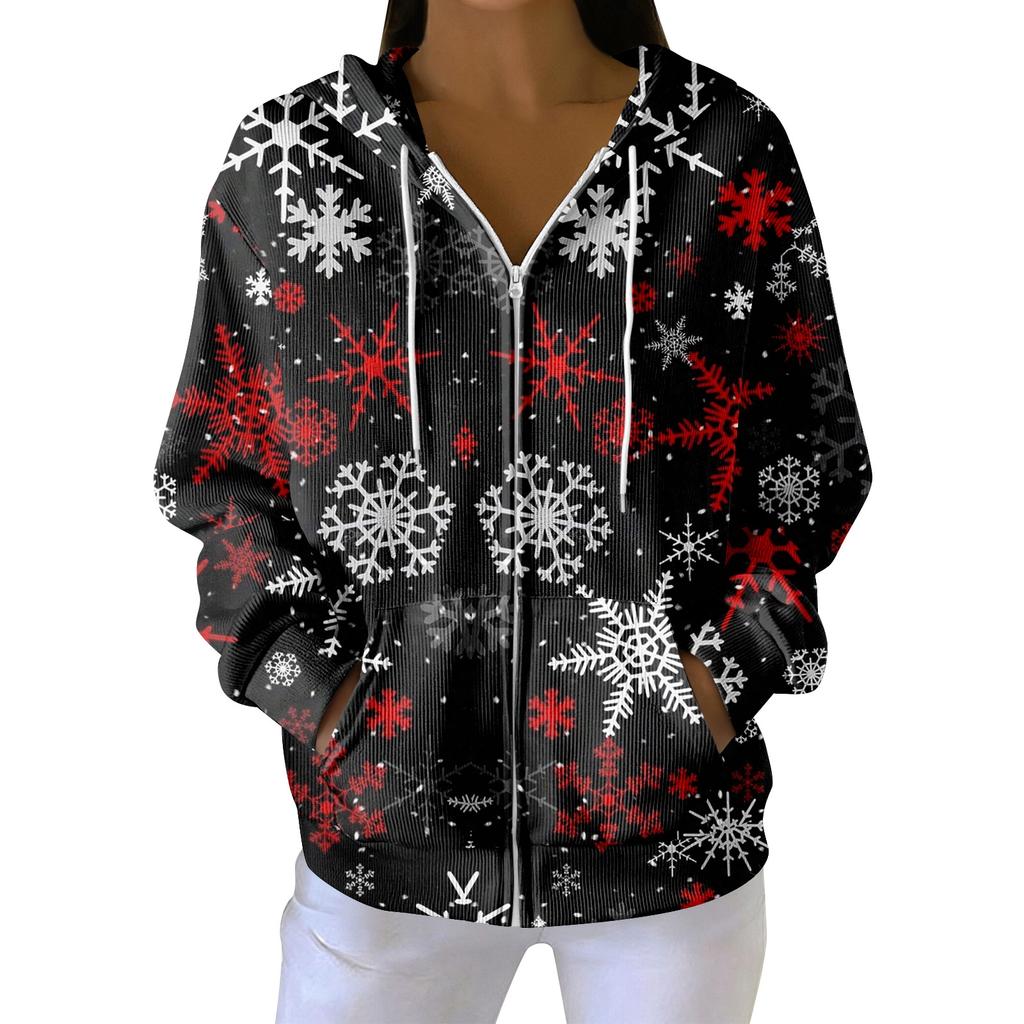 Damen Freizeitmode Langärmiger Strick-Hoodie mit Reißverschluss und Weihnachtsdruck