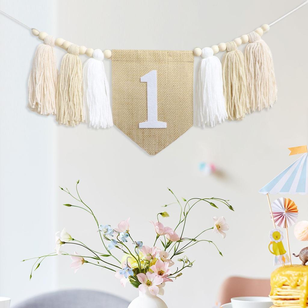 1 Year Old Birthday High Chair Banner Wood Bead Tassel Decoration for Baby Shower Themed Party Supplies