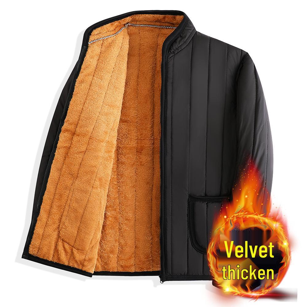Winter Cotton-Padded Jacket with Fleece and Wool Lining for Middle-Aged and Elderly Men - Stand-Up Collar, Home Wear