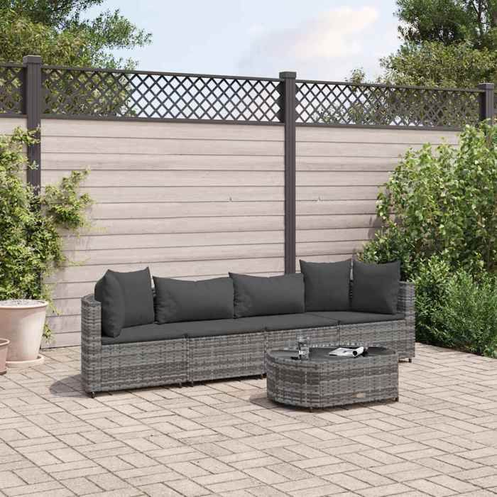 VidaXL Salon de jardin 5 pcs avec coussins gris résine tressée, ensemble de canapés d'extérieur, canapé d'angle de jardin, 3308370